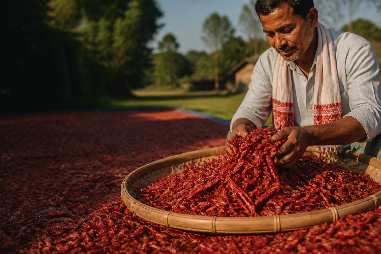 Assam farmer gathering sun-dried red chillies